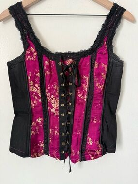 Tripp NYC Y2K Black and Fuchsia Floral Lace-Up Corset